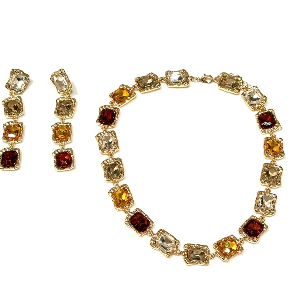 WARM HUES Designer Gemstone Statement Necklace & Earrings Set | NWT - Picture 3 of 16